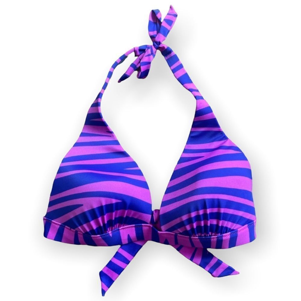 Purple Striped Swim Lined Triangle Halter Bikini Top Size 36DD